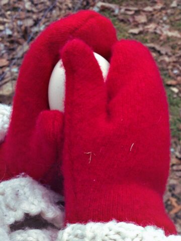 pair of little hands wearing red wool mittens holding an egg