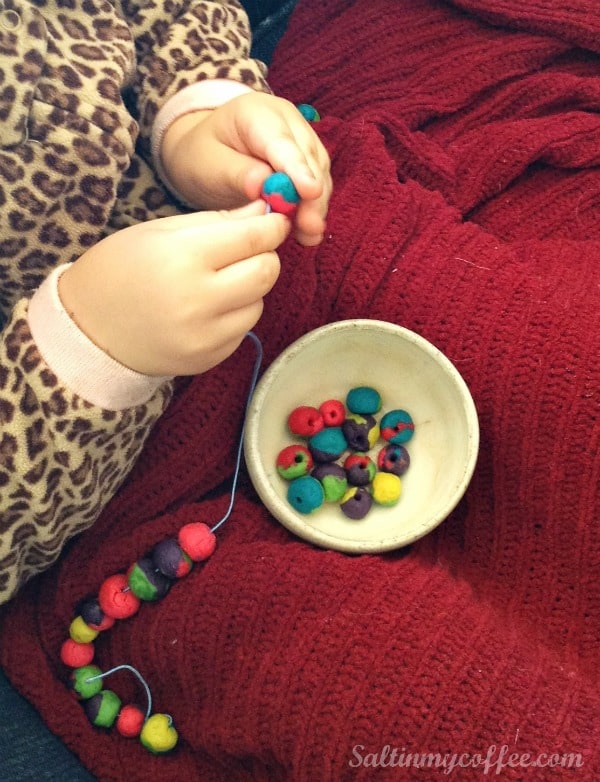 stringing play dough beads