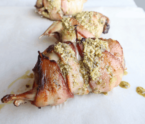 bacon wrapped quail with butter pesto sauce