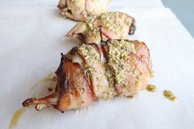 bacon wrapped quail with butter pesto sauce