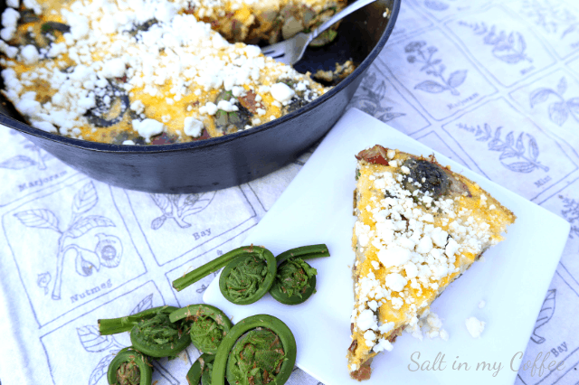 fiddlehead frittata with bacon and chevre