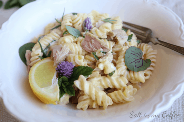 fusilli alfredo with lemon tuna and herbs in large pasta bowl