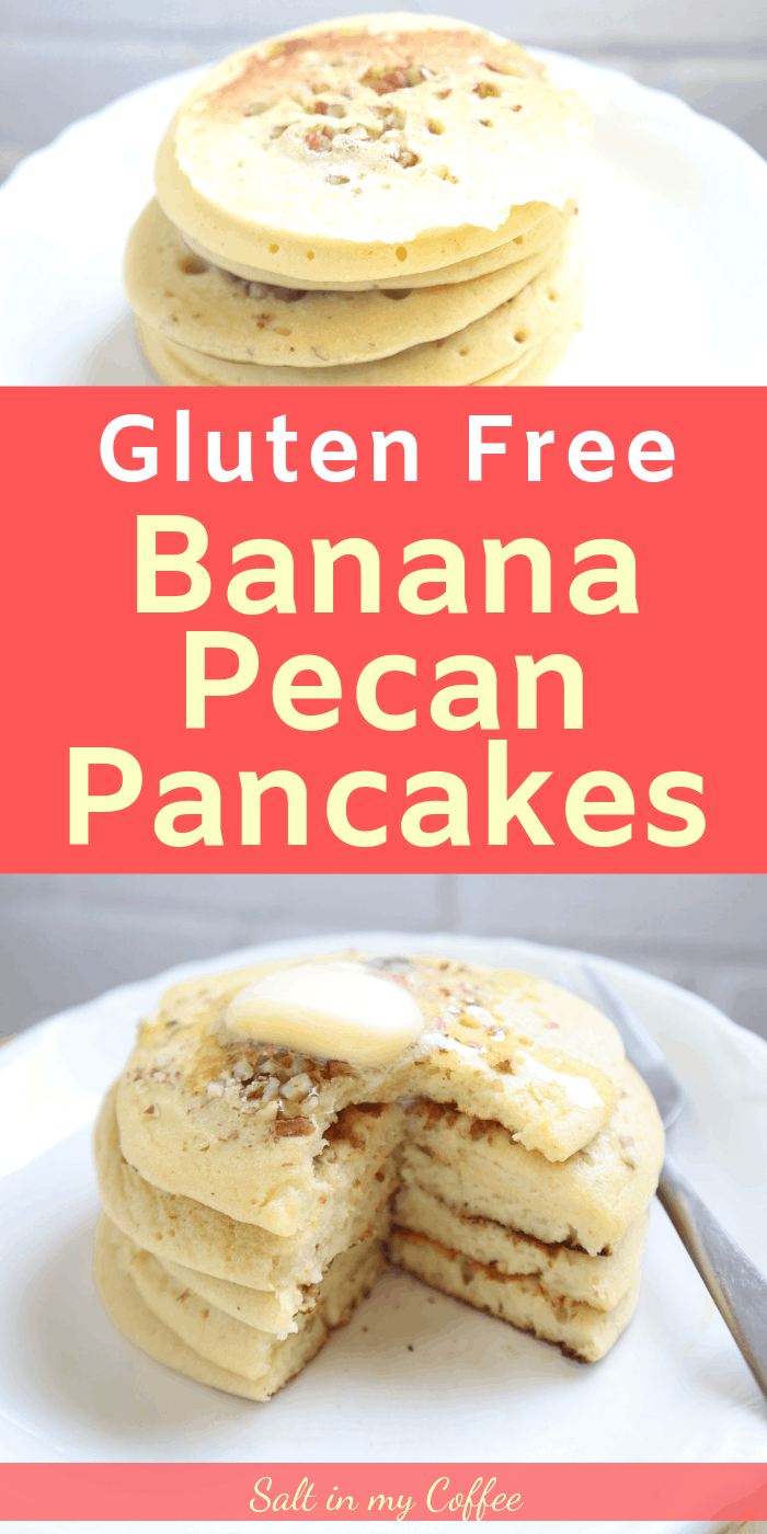 These light and fluffy Gluten Free Banana Pecan Pancakes are so quick to make! They're a favorite with kids and adults alike. 