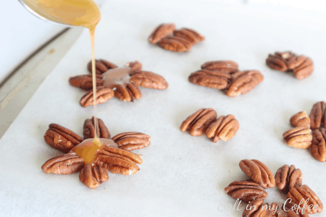 pouring caramel for paleo maple caramel turtles