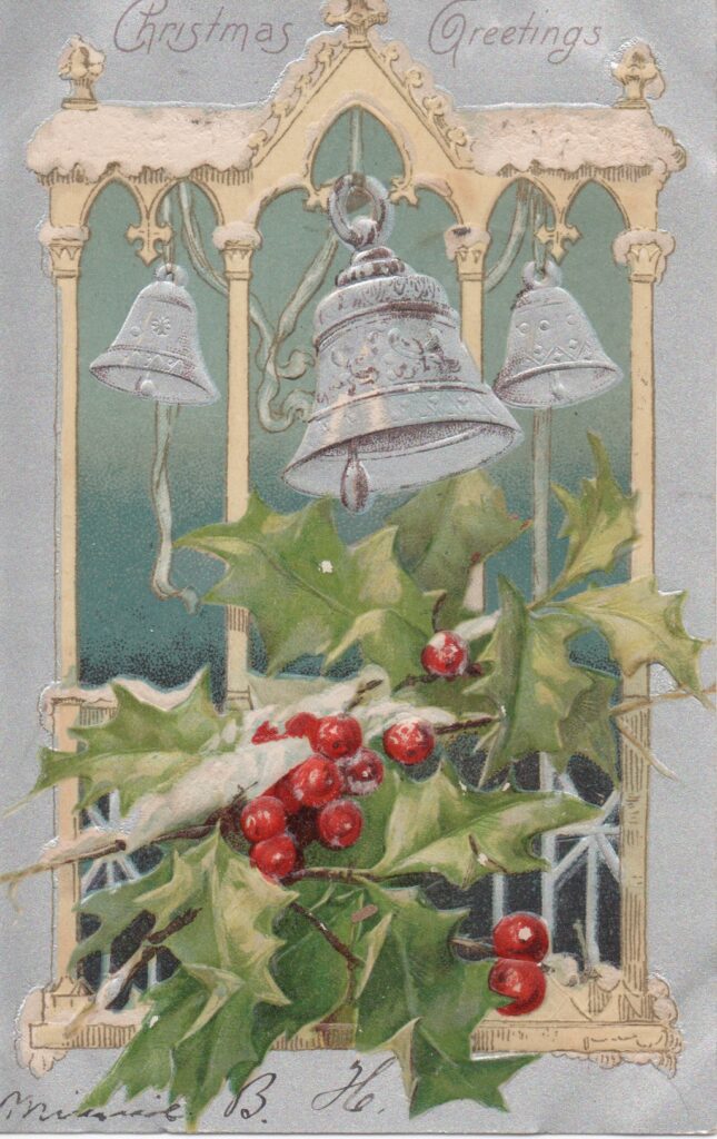 Early 1900s Christmas postcard with silver bells embossed