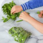 children putting snap peas into freezer bags