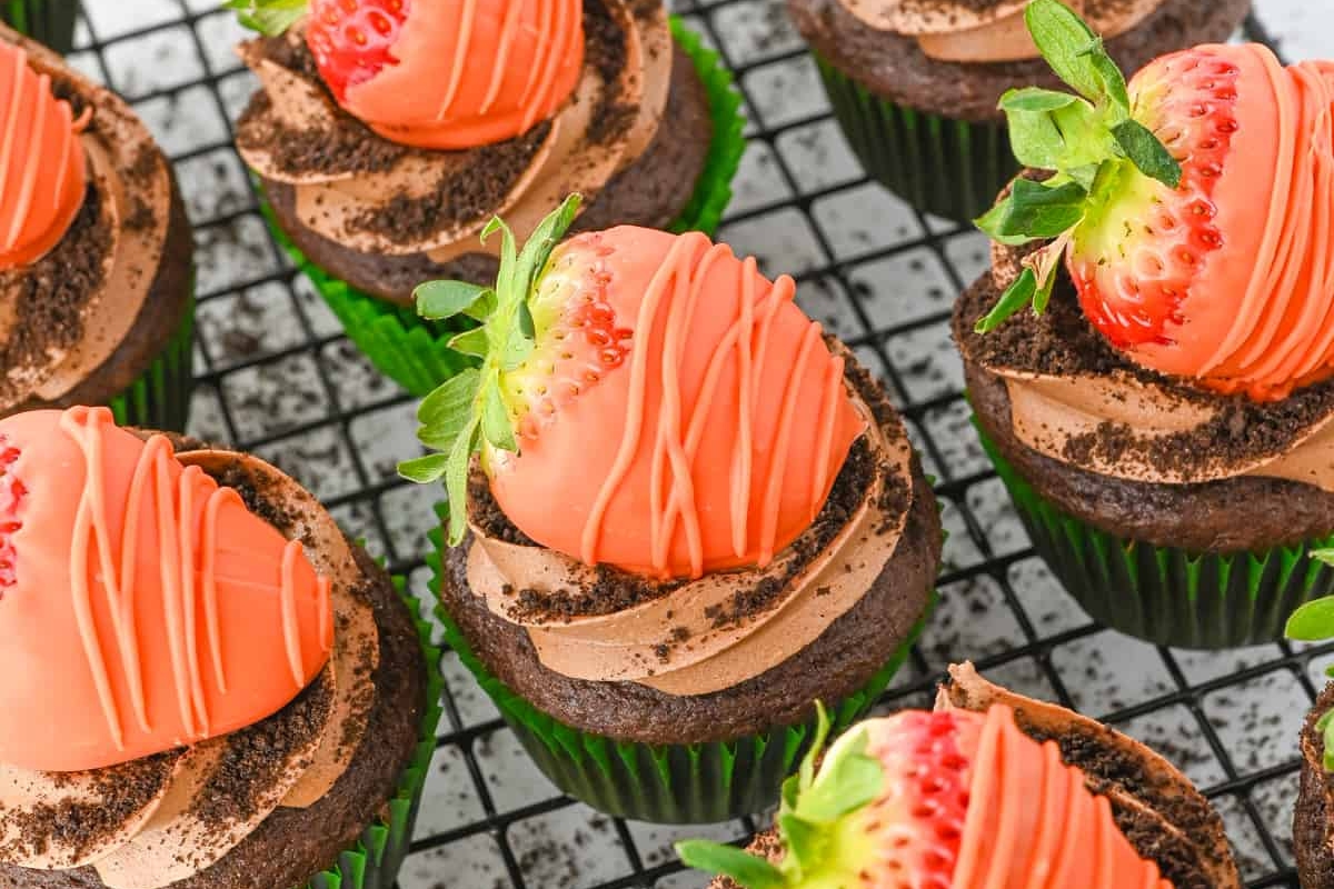 chocolate cupcakes with orange chocolate dipped strawberries on top