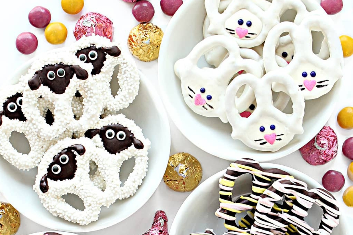 white chocolate covered pretzels, decorated to look like  wooly lambs and easter bunnies