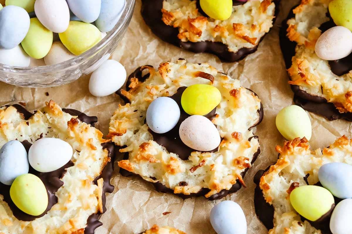 little coconut macaroons shaped like nests with candy "Easter eggs"