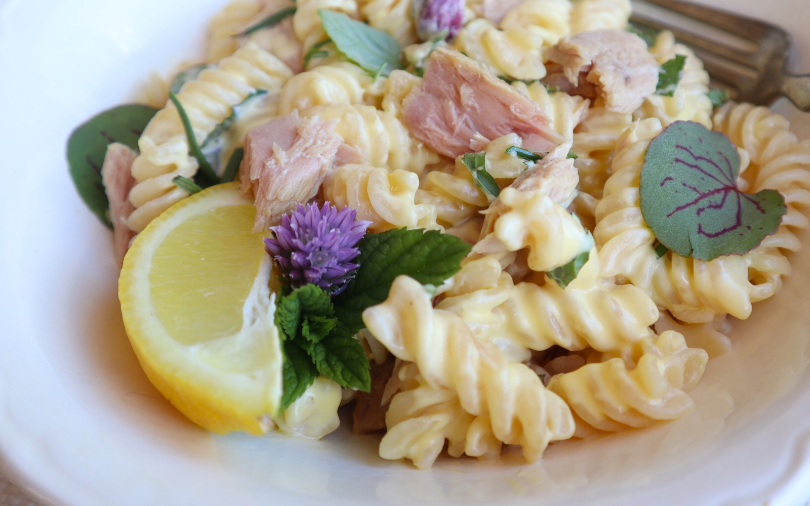 pasta salad with chive blossoms