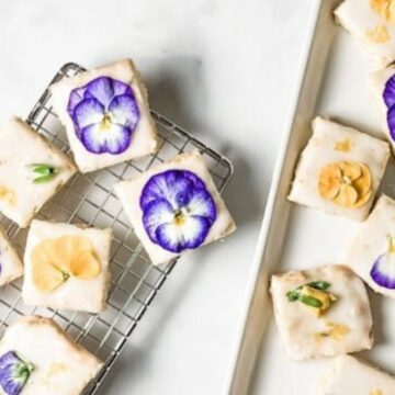 shortbread squares with violets on top