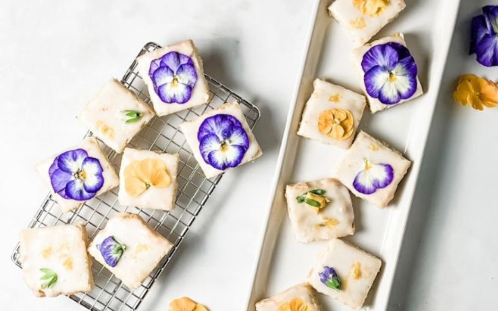 lavender shortbread squares topped with flowers