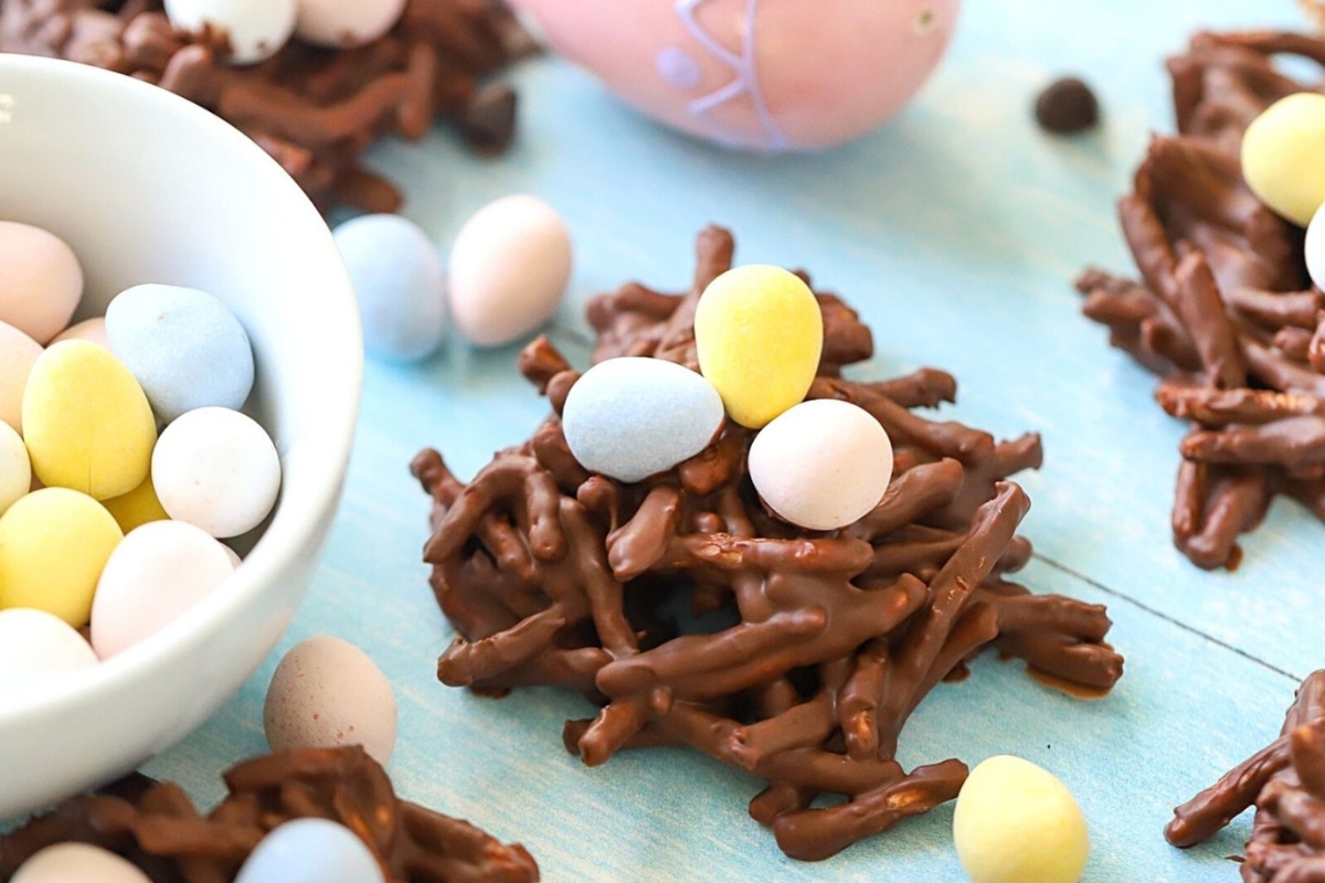 little chocolate nest cookies with tiny candy eggs