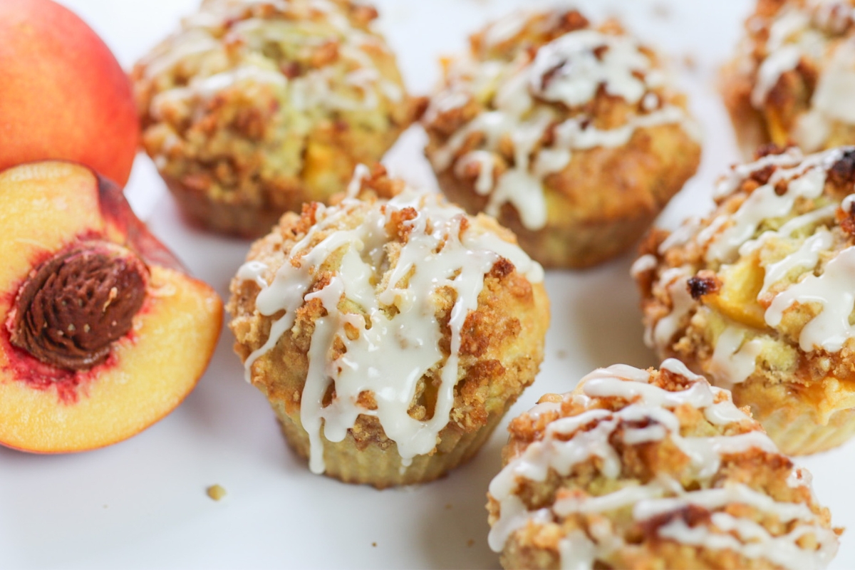 peach streusel muffins with glaze