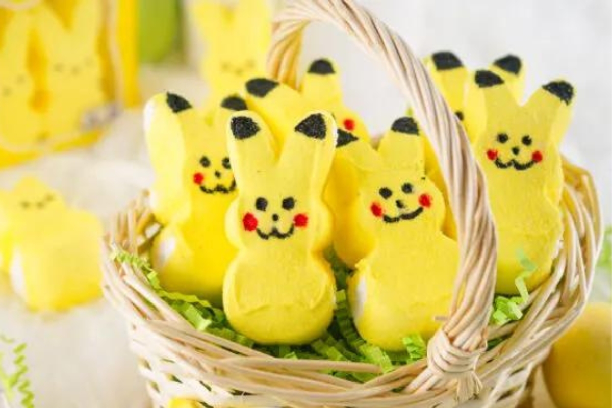 yellow marshmallow peeps decorated to look like pikachu 