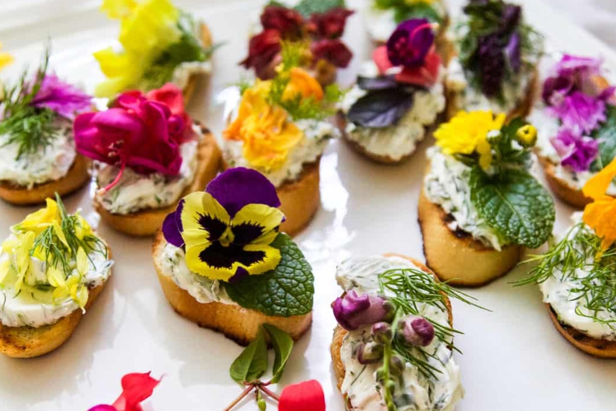 crostini topped with flowers