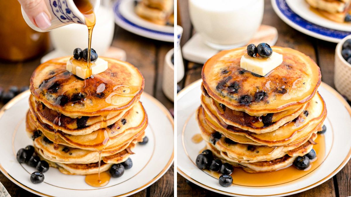 Blueberry pancakes served with butter and maple syrup