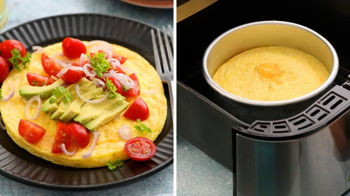 Omelette cooked in air fryer and served with avocado and tomatoes