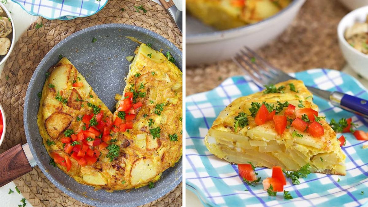 Spanish omelette served with red peppers