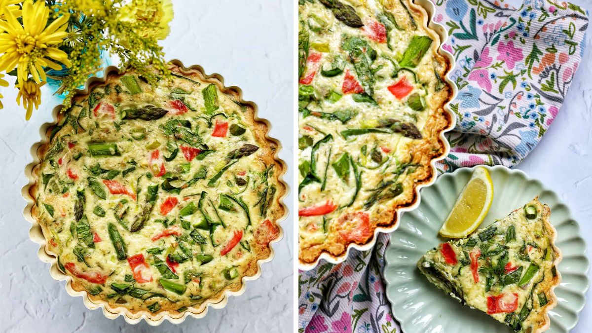 Salmon quiche served with lemon