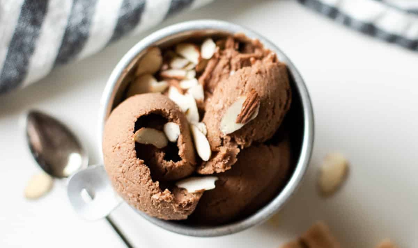 a bowl of chocolate almond ice cream
