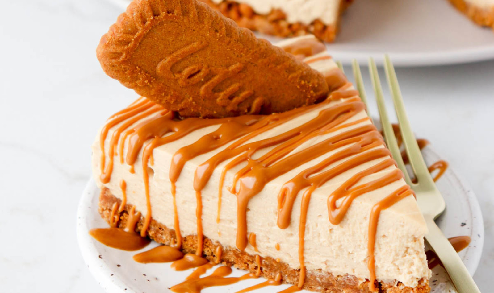 a slice of cookie butter cheesecake