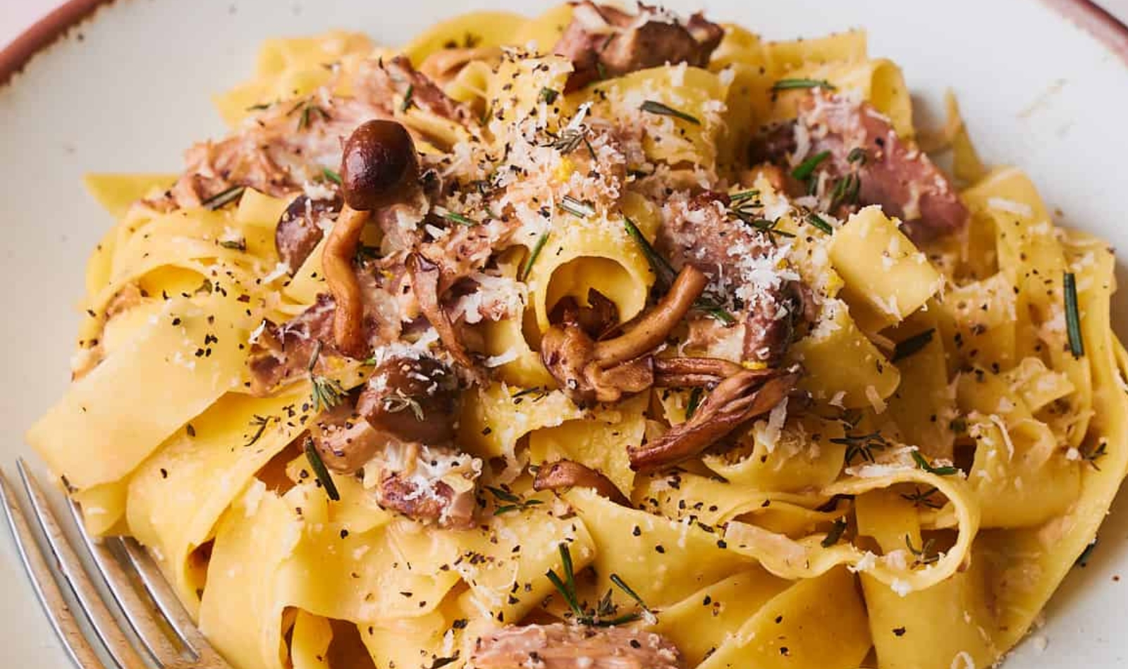 a plate full of pasta topped with duck ragu