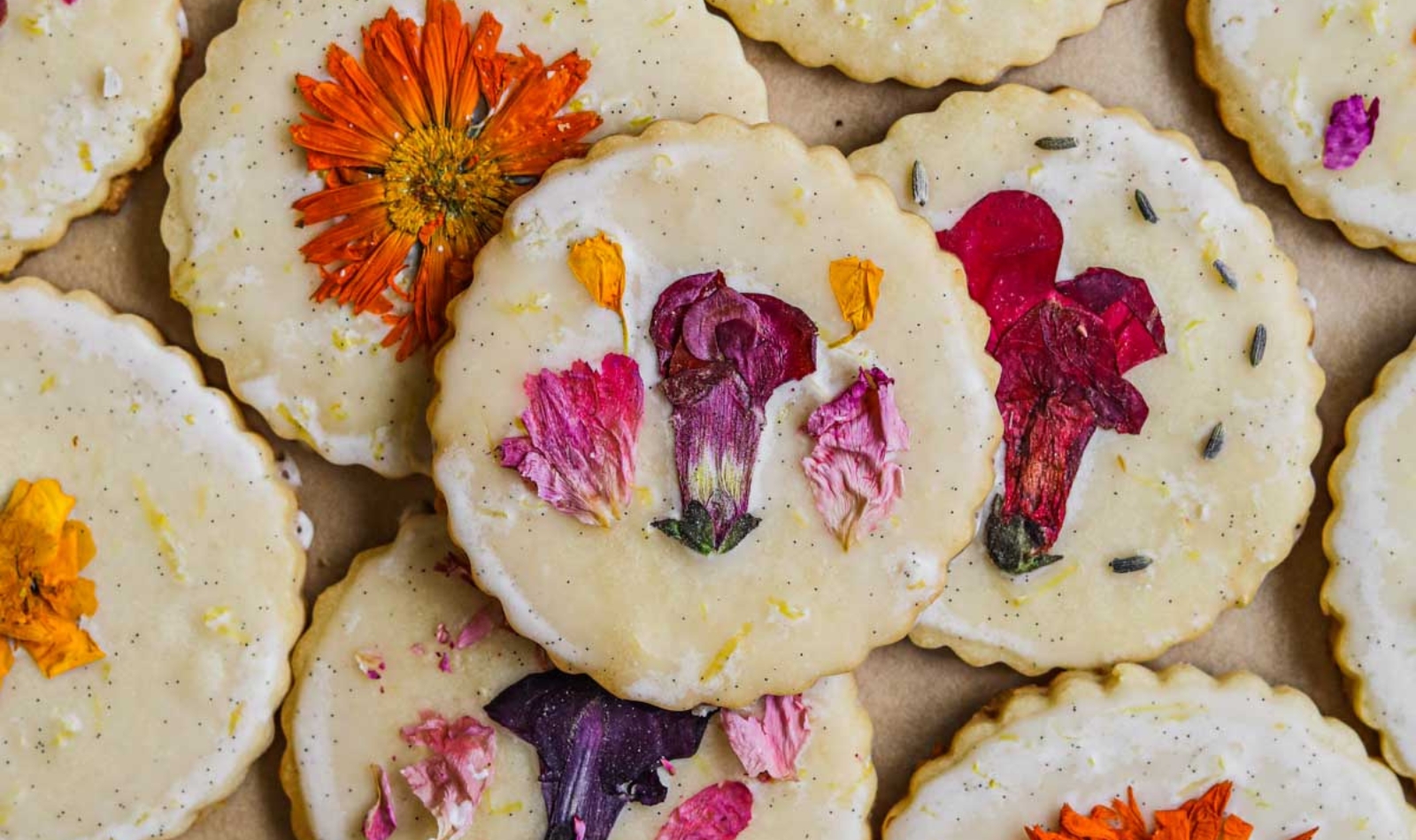 an assortment of shortbread cookies baked with bright edible flowers
