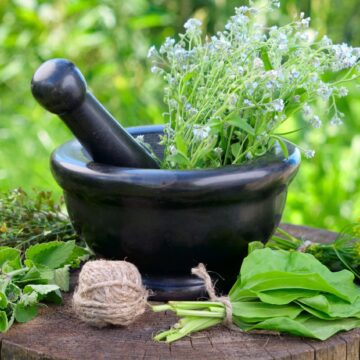 a mortar and pestle with herbs