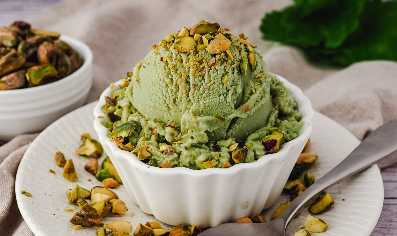 a bowl of pistachio ice cream