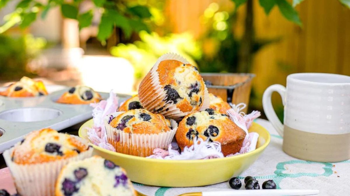 Muffins made with jumbo blueberries served in garden