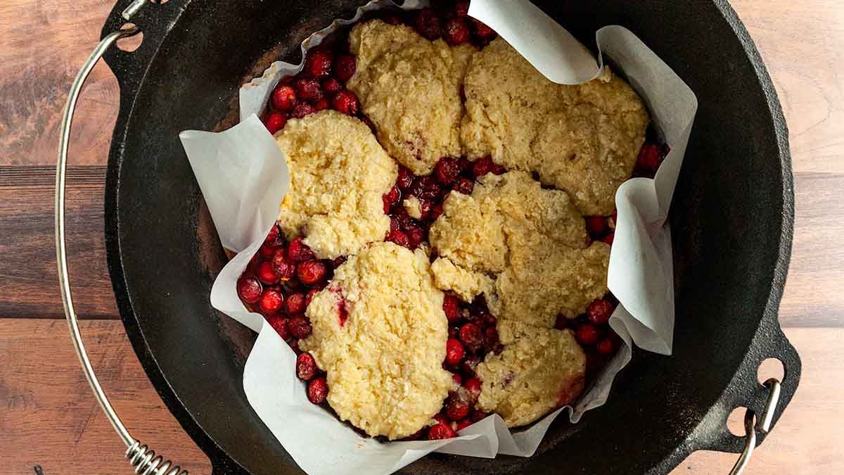 Cranberry cobbler cooked in Dutch oven
