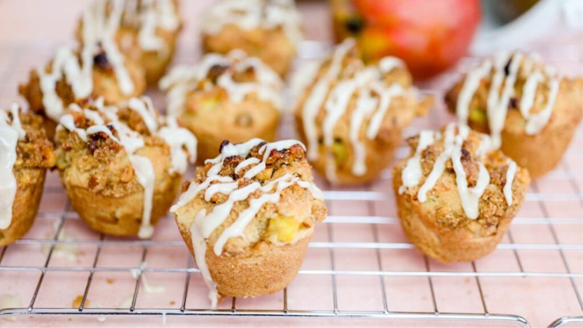 Mango Streusel Muffins served on baking tray