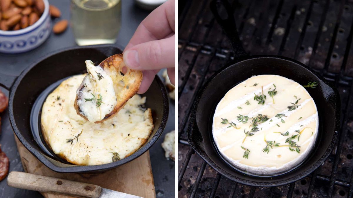 Grilling brie cheese and serving it with bread