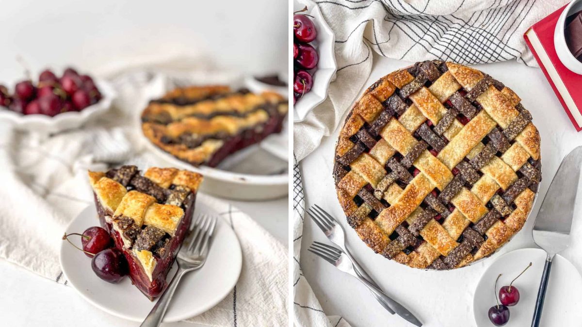 Chocolate cherry pie served on plate with fork