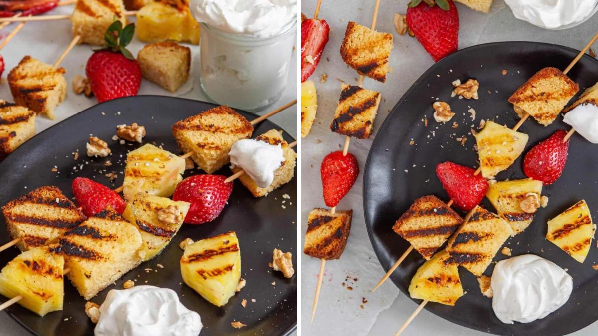 Grilled fruits and pound cake skewers