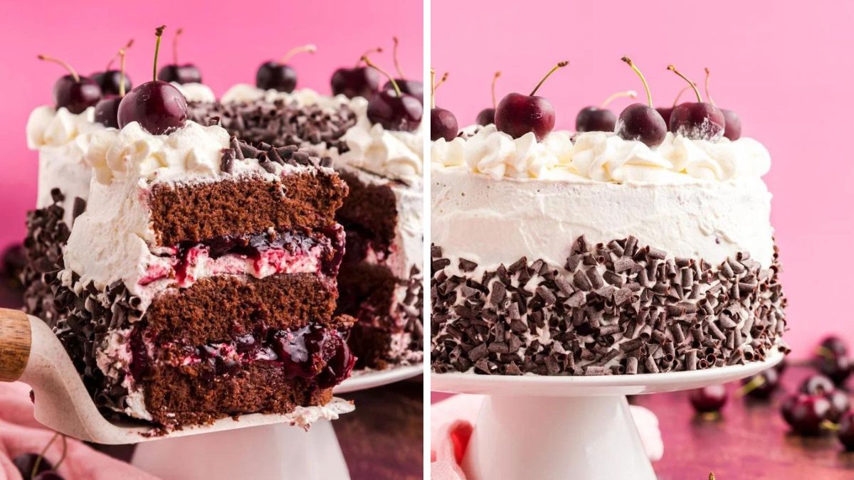 Black forest cake topped with fresh cherries
