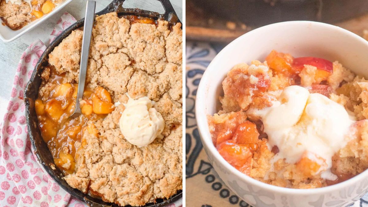 Peach cobbler cooked in cast-iron skillet