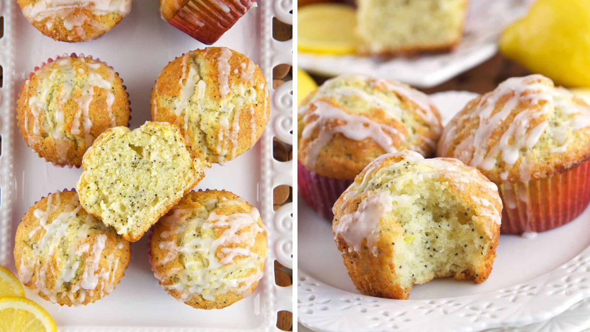 Lemon and poppy seeds muffins served with lemon drizzle