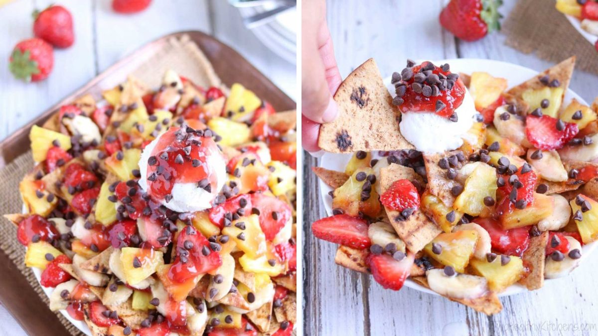 Nachos served with grilled fruits and chocolate chips