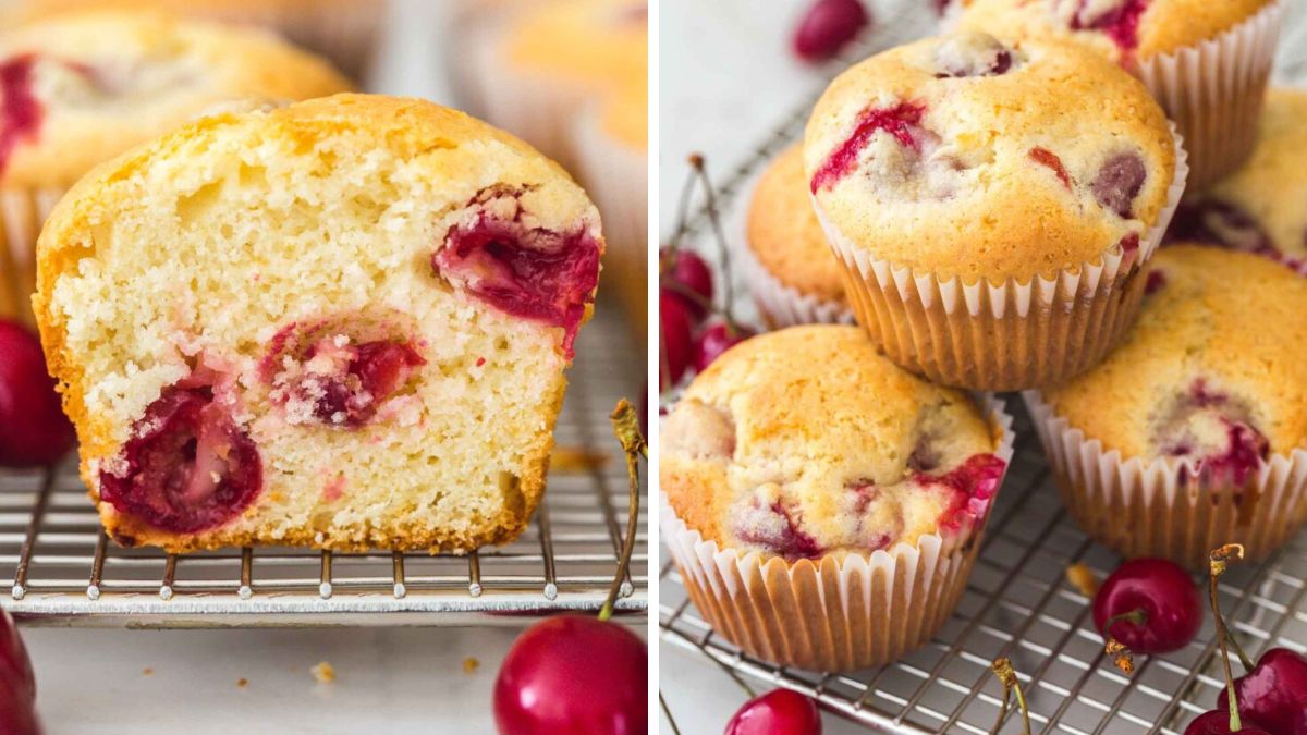 Cherry muffins served with fresh cherries