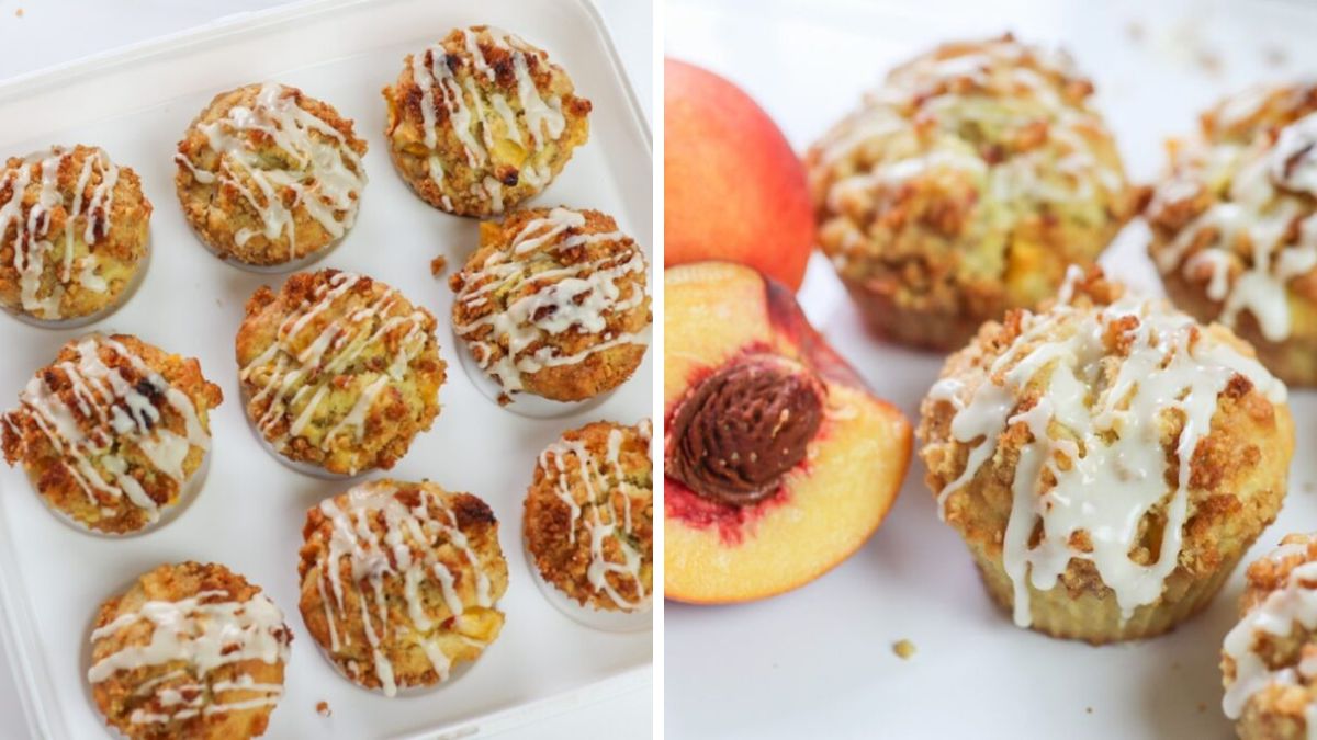 Peach streusel coffee cake muffins with drizzle