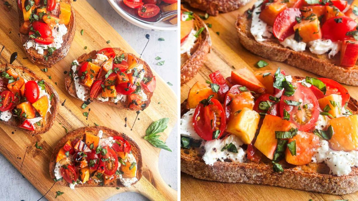 Bruschetta with peaches and tomatoes