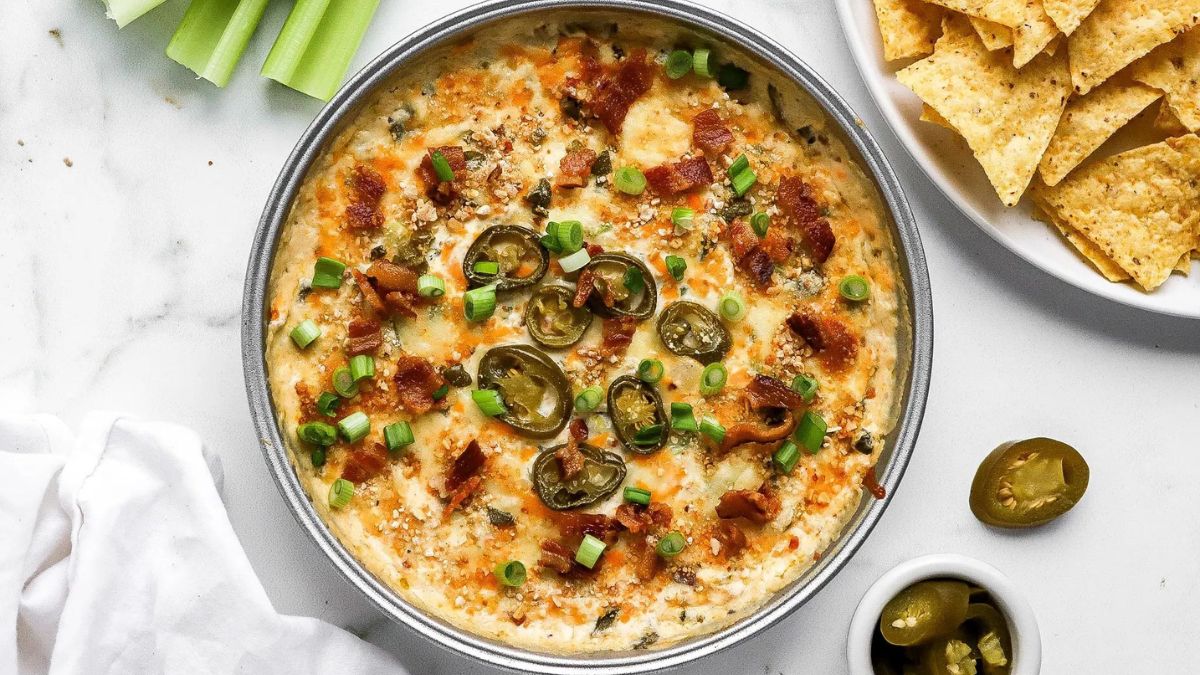 Jalapeno Popper Dip served with tortillas and jalapeños