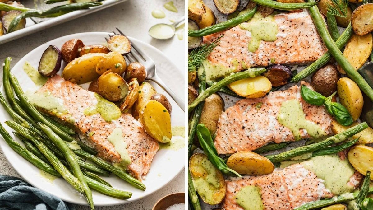Salmon with green beans in sheet pan