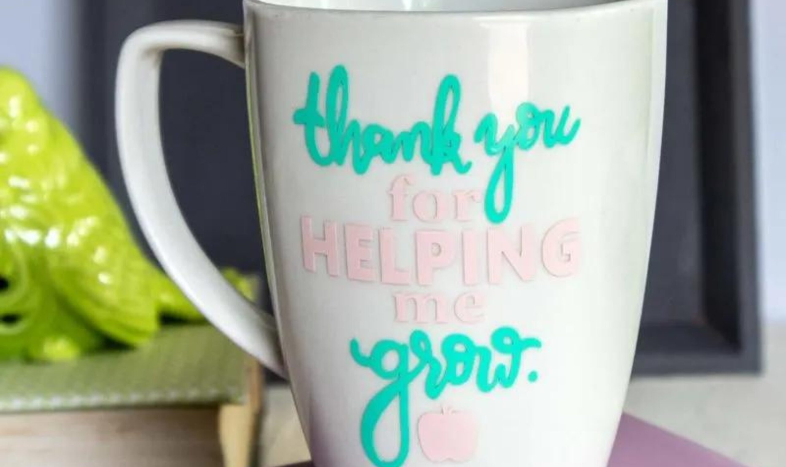 Image of white coffee mug with words of teacher appreciation on it. 