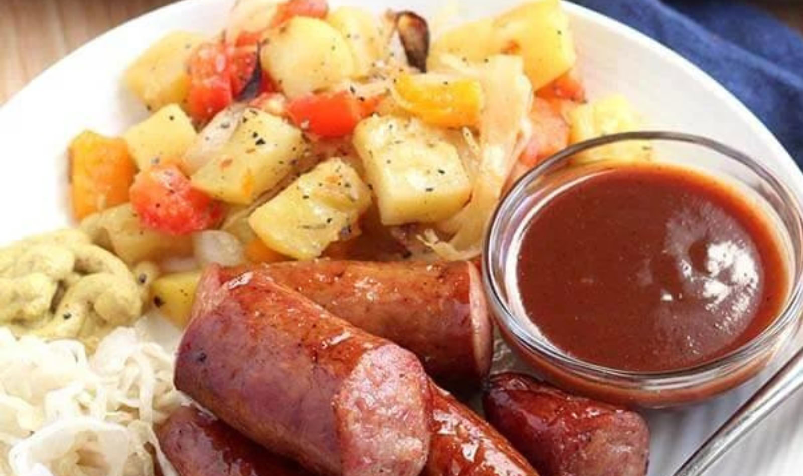 Sausage, Dip and potato cubes and veggies