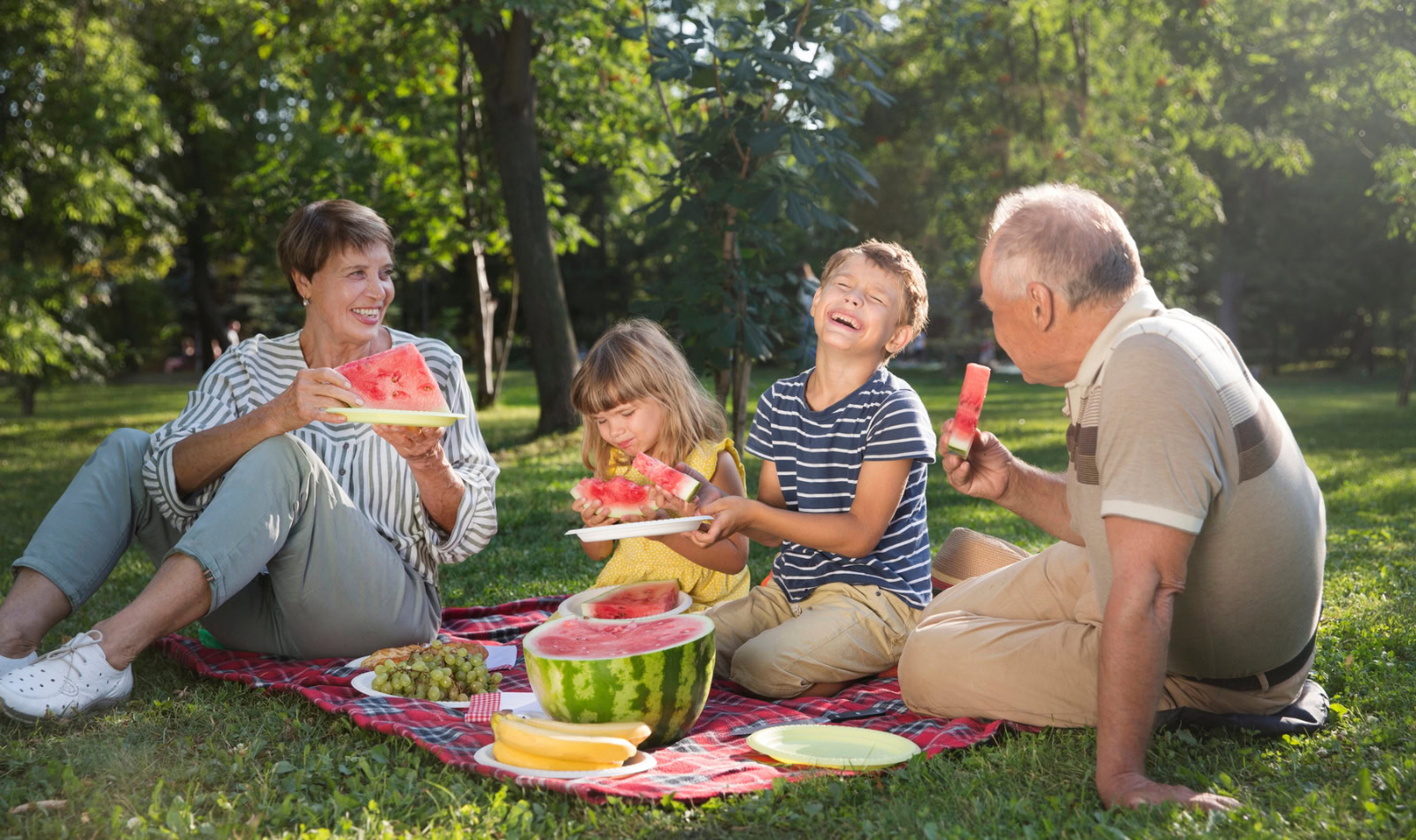 grandparents with grandkids on a picnic