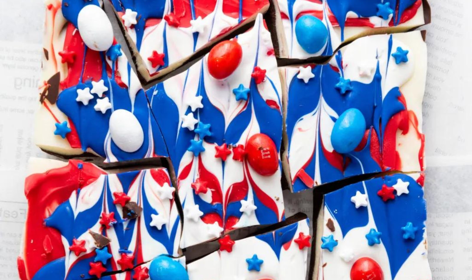 pieces of red white and blue candy bark