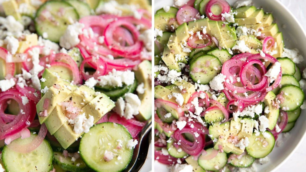 Salad with cucumber, pickled onion, and avocado.